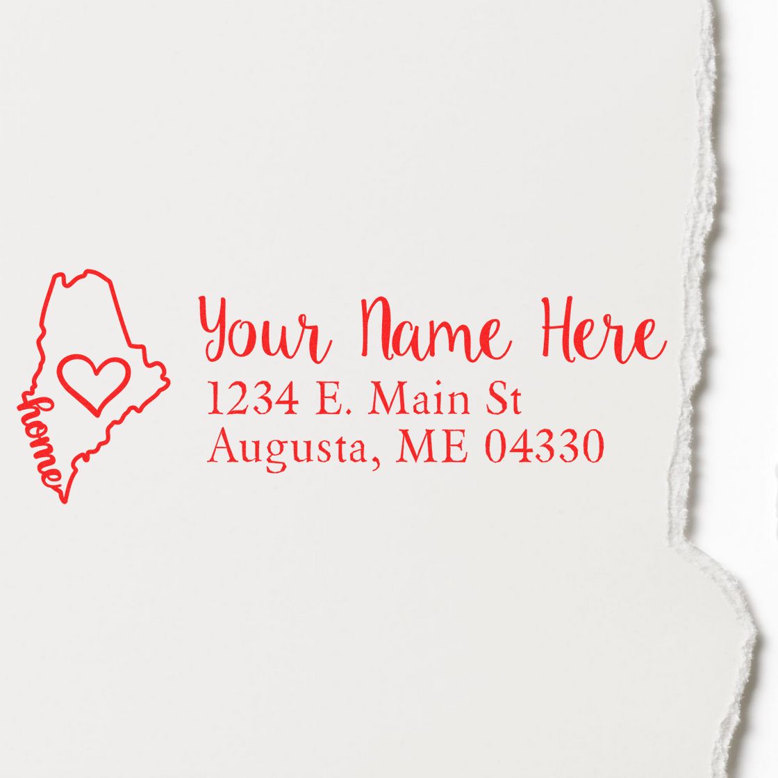 Personalized Maine return address rubber stamp with heart home icon, name, and Augusta, ME address