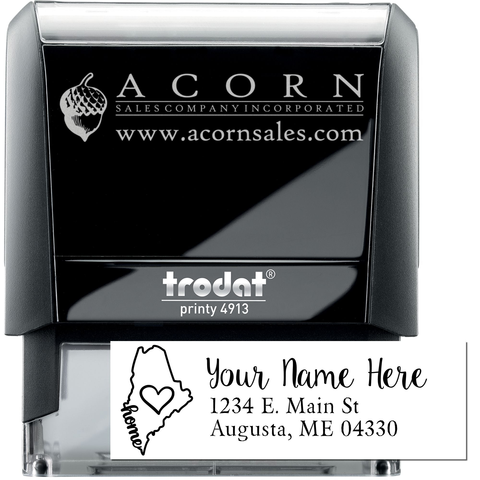 Custom self-inking rubber stamp with business logo and address, Trodat Printy 4913 for branded mailing and return labels.