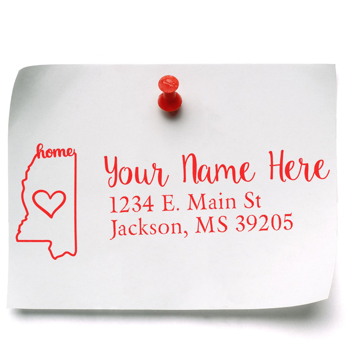 Custom return address rubber stamp featuring Mississippi home icon and heart, perfect for personalized mail and stationery