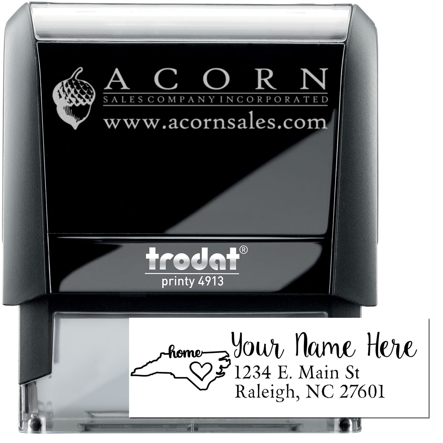 Trodat Printy 4913 custom self-inking rubber stamp with business logo, website, and return address for mailing and branding.