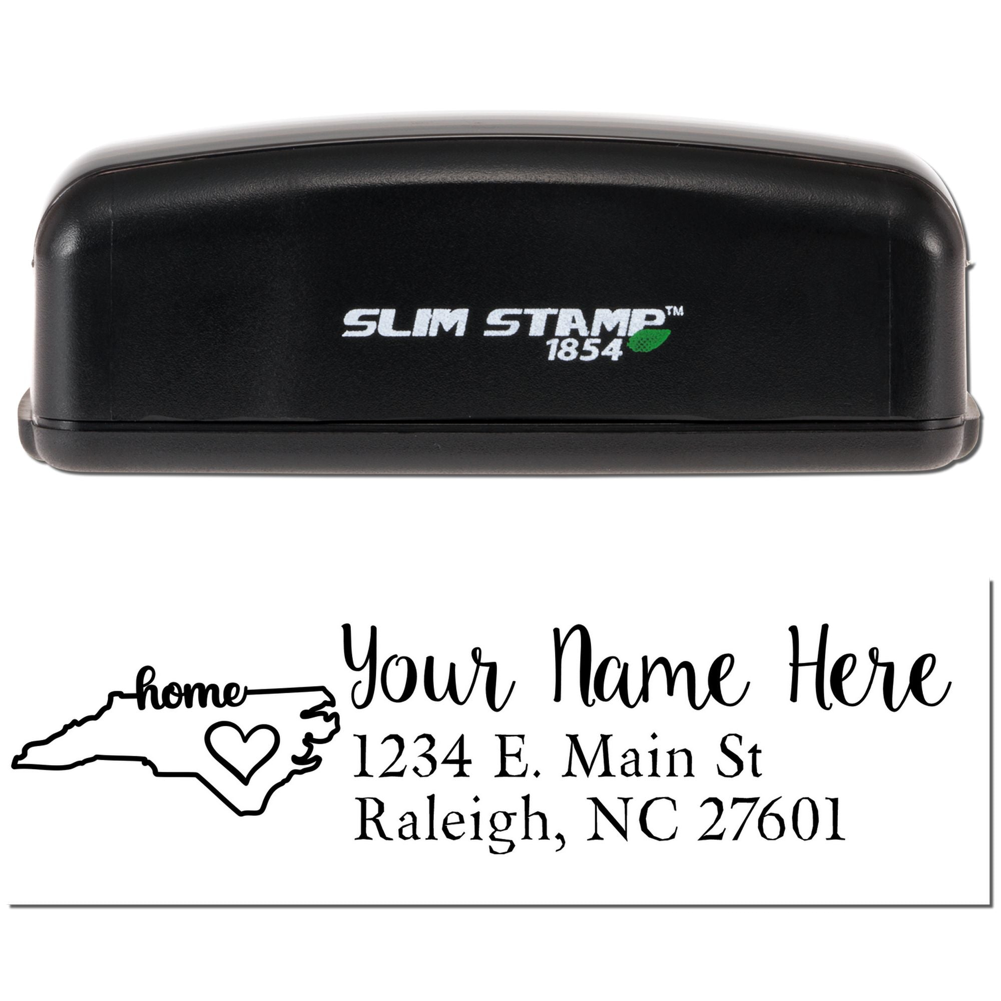 Custom rubber address stamp preview with North Carolina outline, heart, name, and mailing address on Slim Stamp 1854.