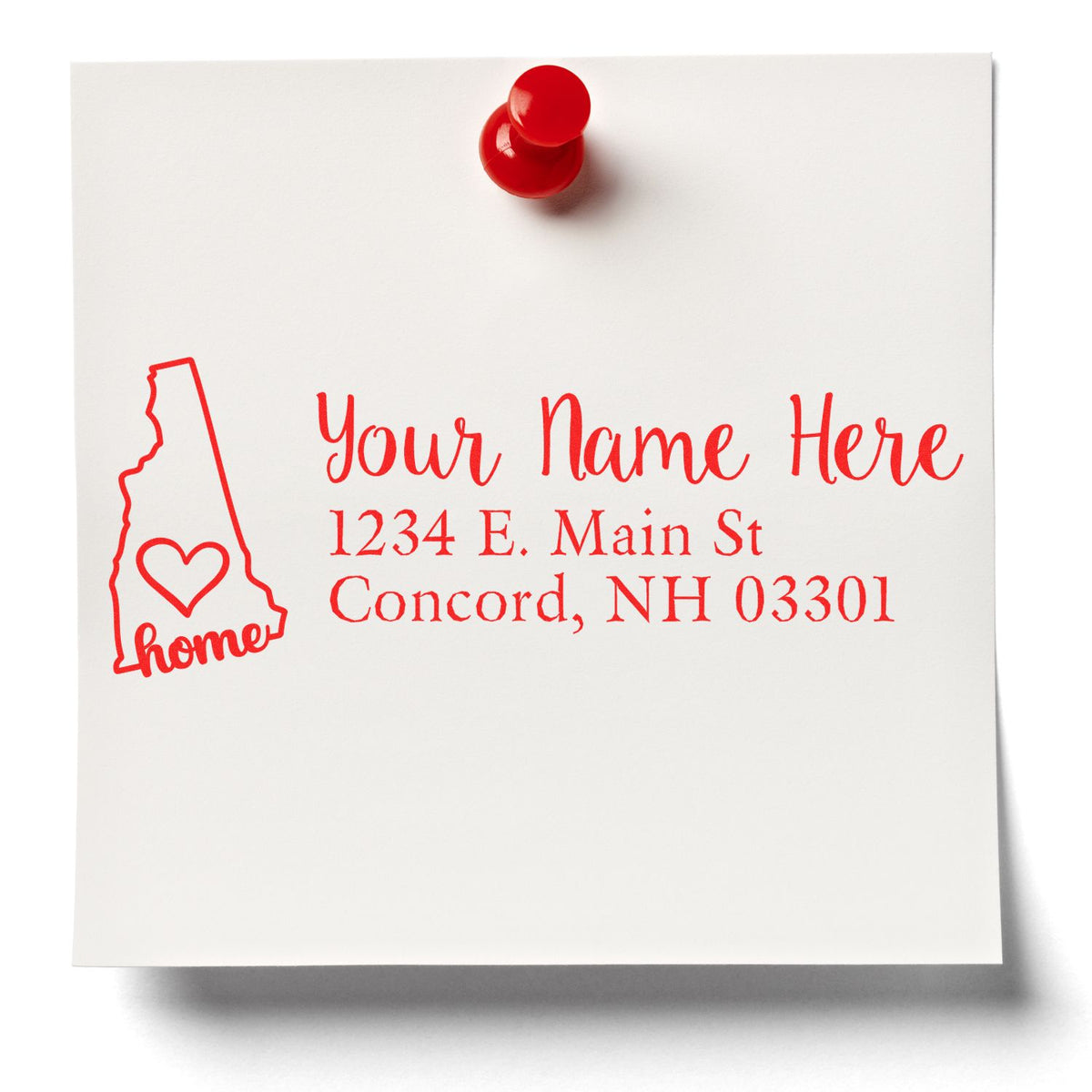 Custom return address rubber stamp with New Hampshire home design, name, and mailing address in red ink.