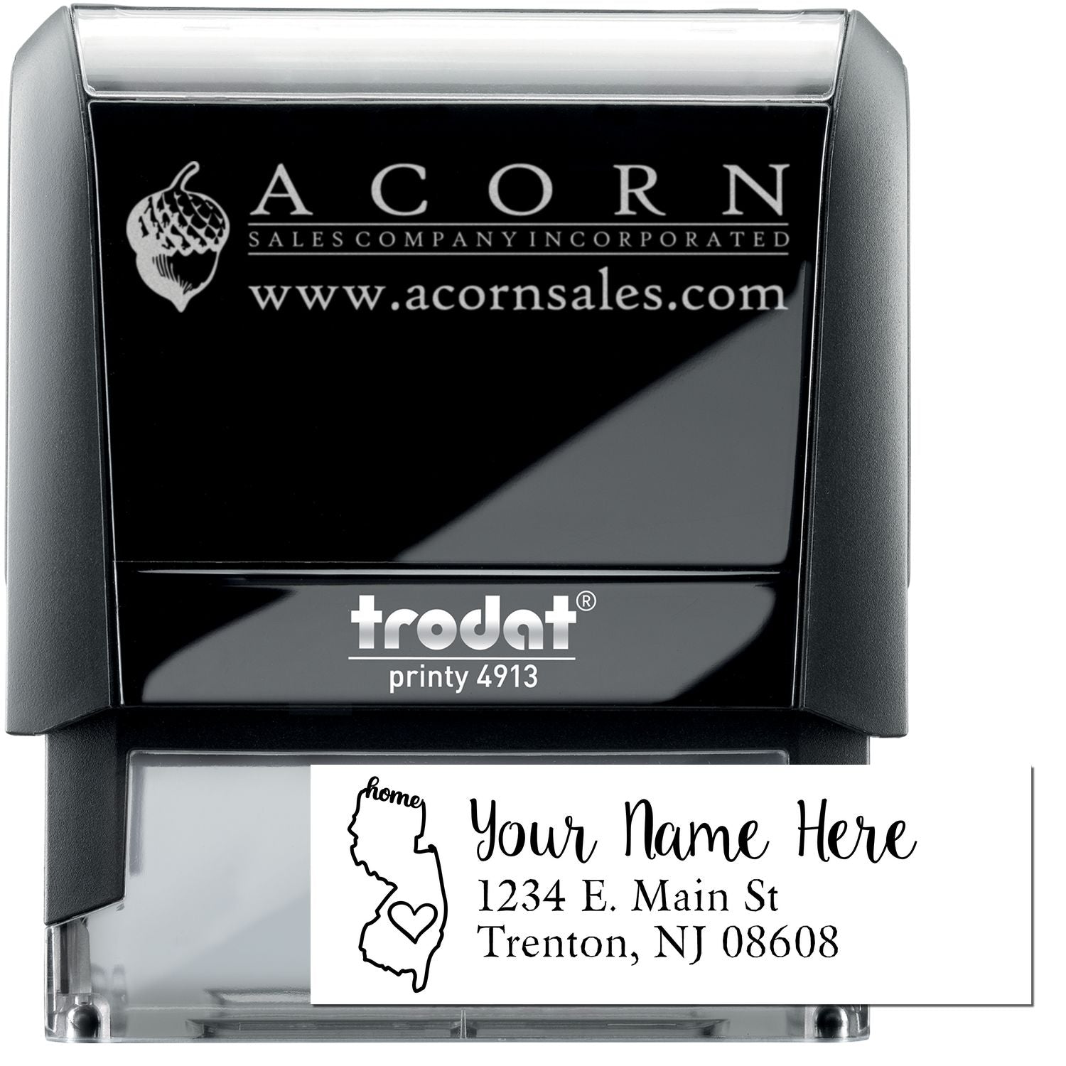 Custom self-inking rubber stamp with business logo and address imprint for personalized mailing and branding.