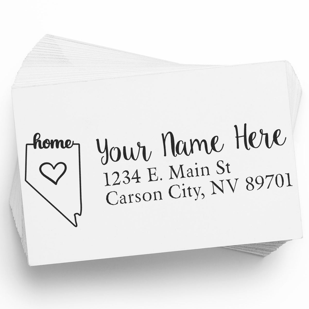 Custom return address rubber stamp with Nevada home icon and sample address for envelopes and stationery.