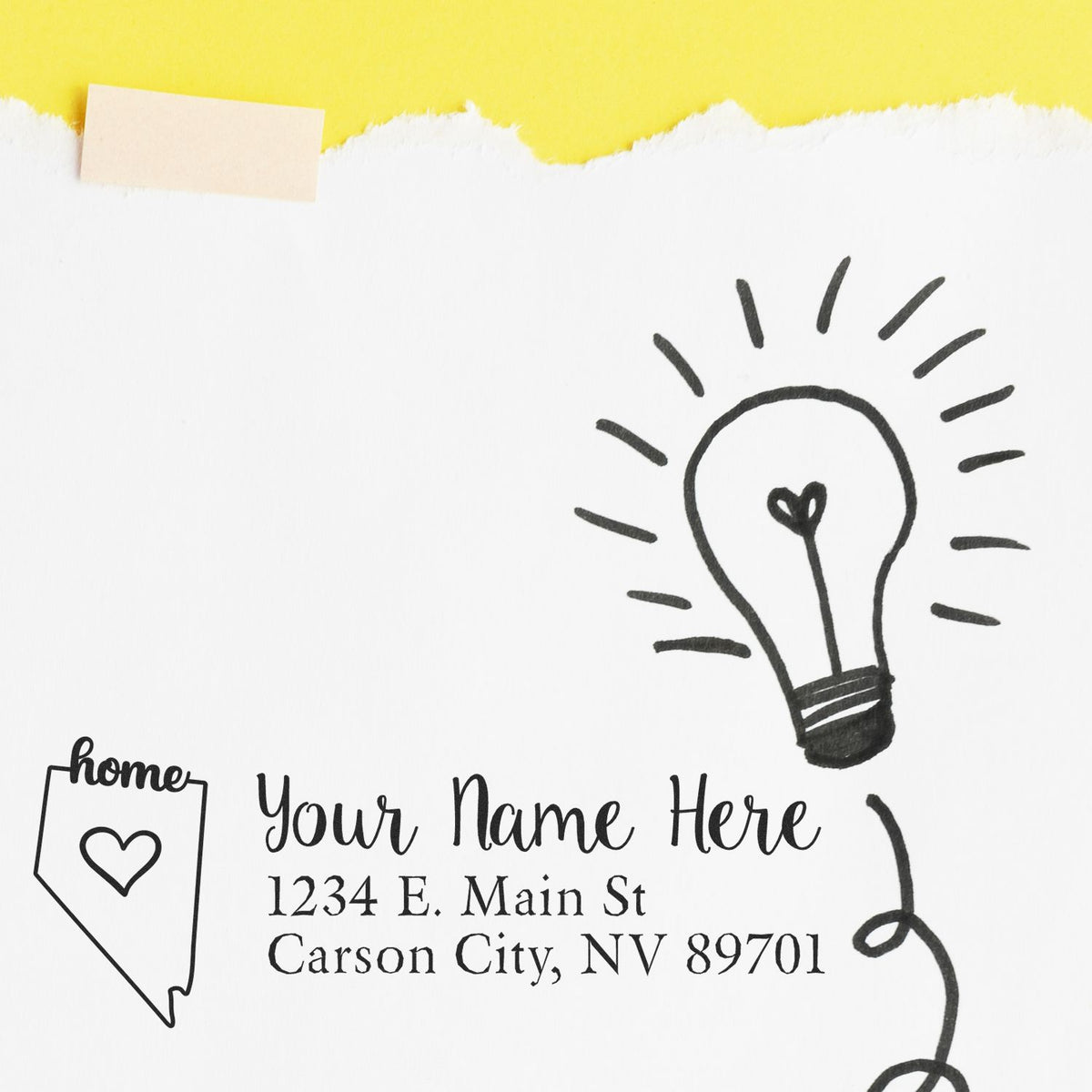 Custom rubber stamp with return address, home icon, and light bulb design for personalized mail and stationery.