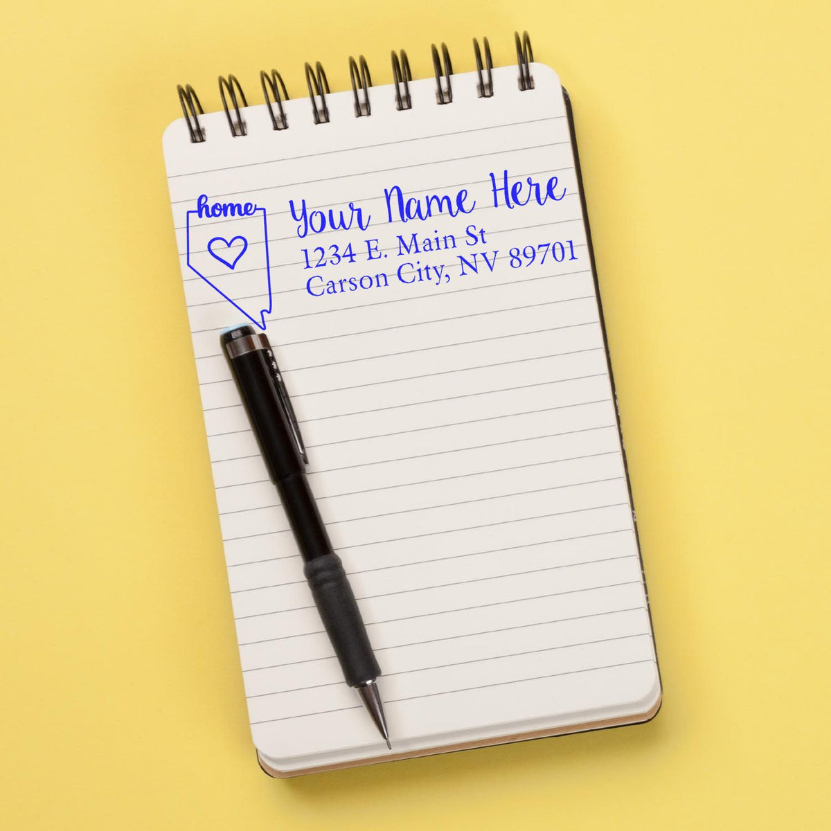 Custom home address rubber stamp design on notebook, ideal for personalized stationery, envelopes, and mail labeling.