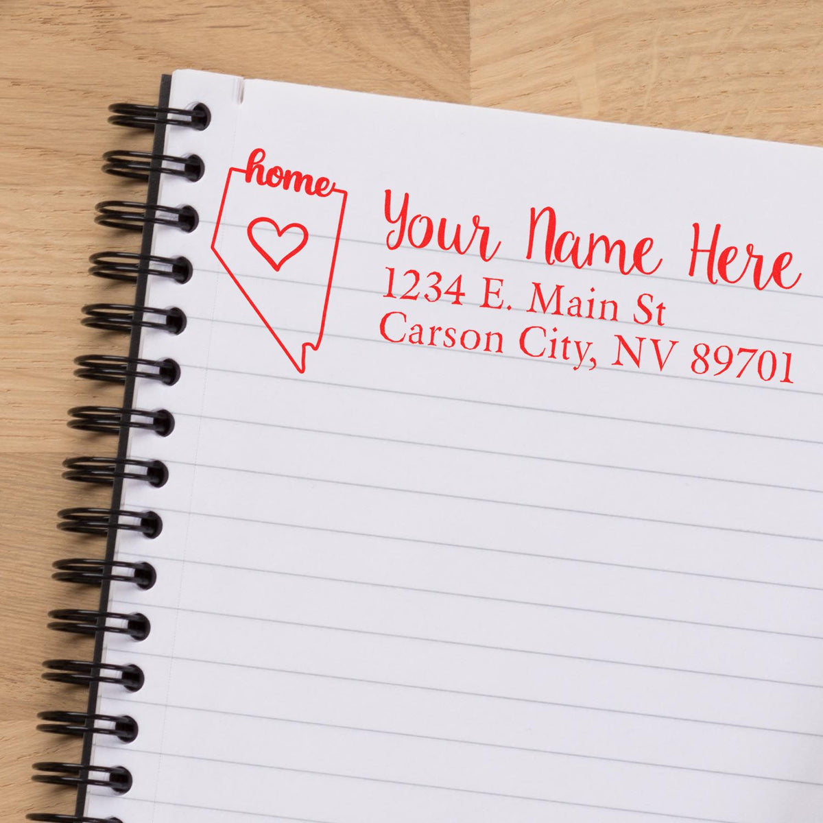 Custom address rubber stamp with home state and heart design, personalized return address for envelopes and stationery.