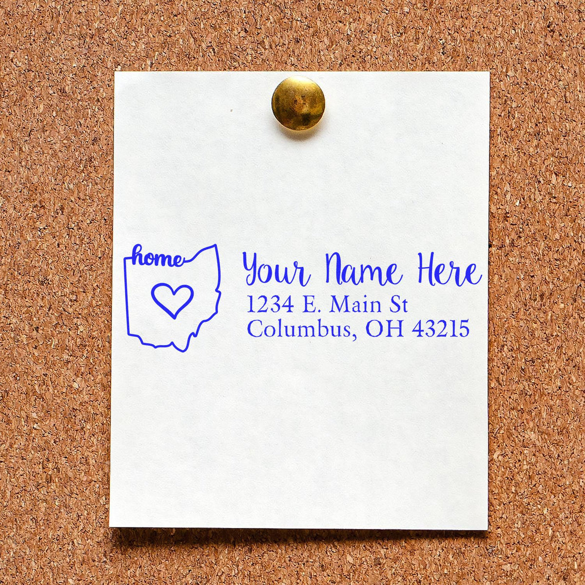 Personalized return address rubber stamp with Ohio home icon, heart, and custom name and Columbus, OH address.