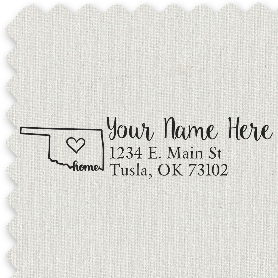 Custom return address rubber stamp with Oklahoma home design, personalized name, and Tulsa, OK address for mailing.