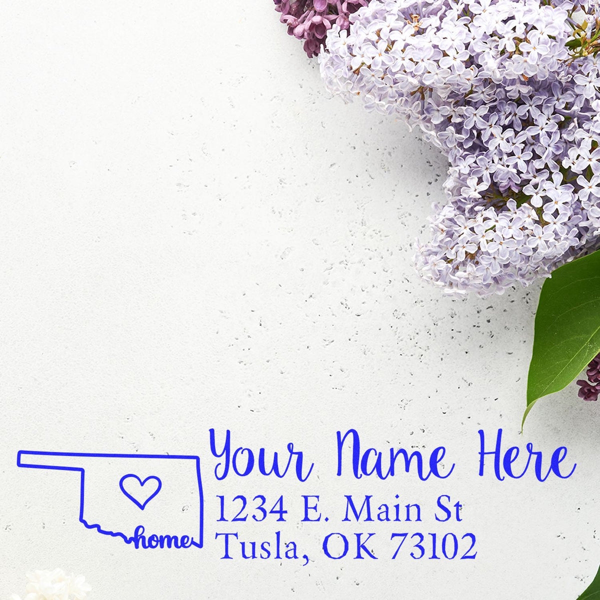 Custom return address rubber stamp with Oklahoma home design and floral mockup, personalized with name, street address and ZIP code.