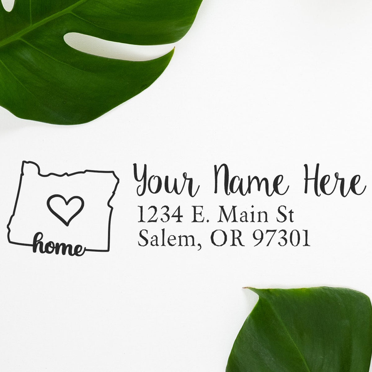 Custom return address rubber stamp with Oregon home icon, heart, and personalized name and Salem, OR address.