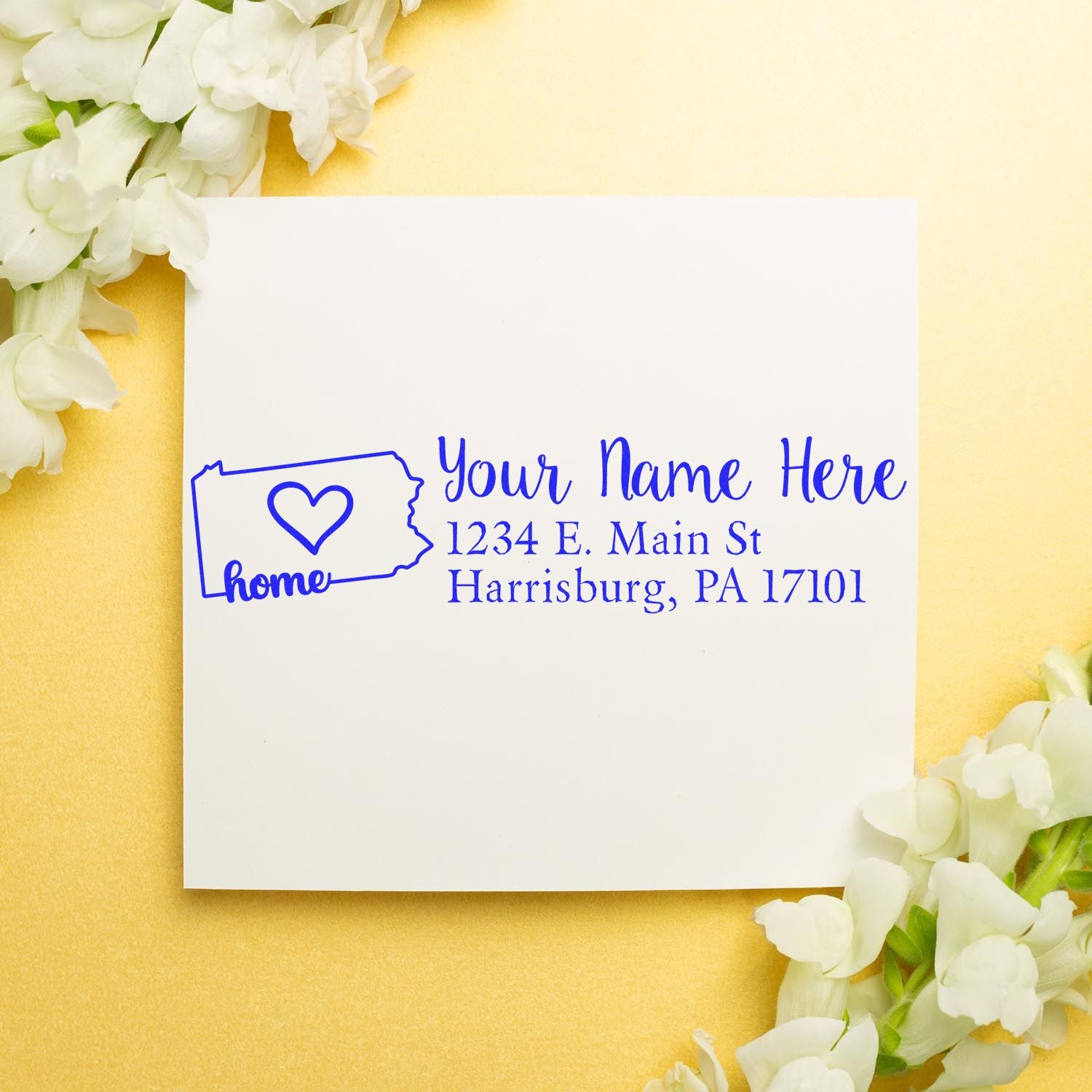 Custom personalized return address rubber stamp with Pennsylvania home design, heart icon, name, and address for envelopes.