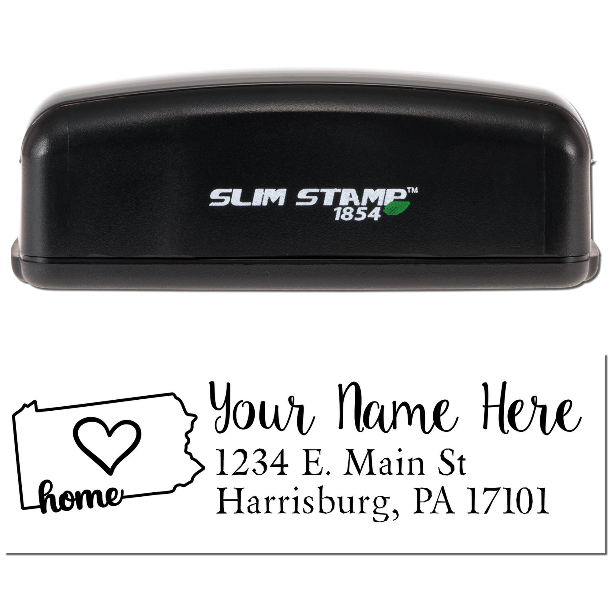 Slim Stamp 1854 custom return address rubber stamp with Pennsylvania home design, heart icon, and personalized name and address.