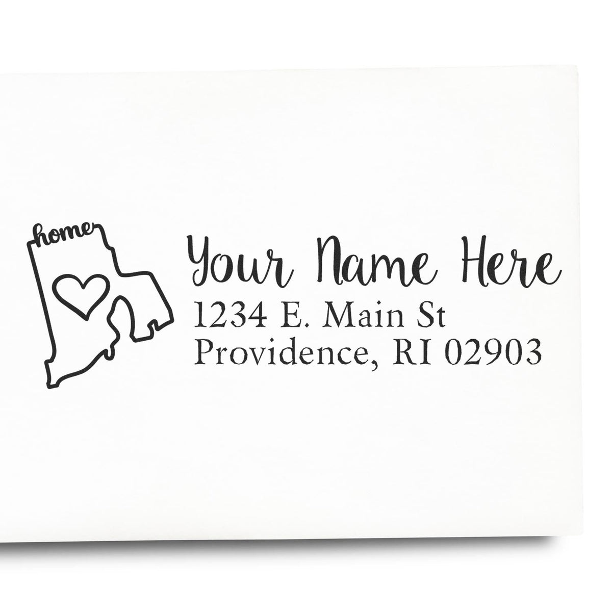 Custom return address rubber stamp with home icon, personalized name, and Providence, RI mailing address