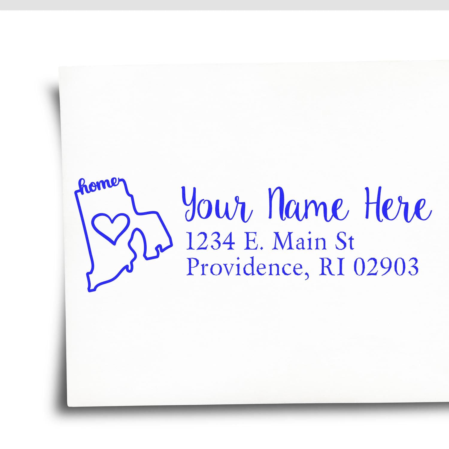 Custom Rhode Island home address rubber stamp with heart icon, personalized name, and mailing address.