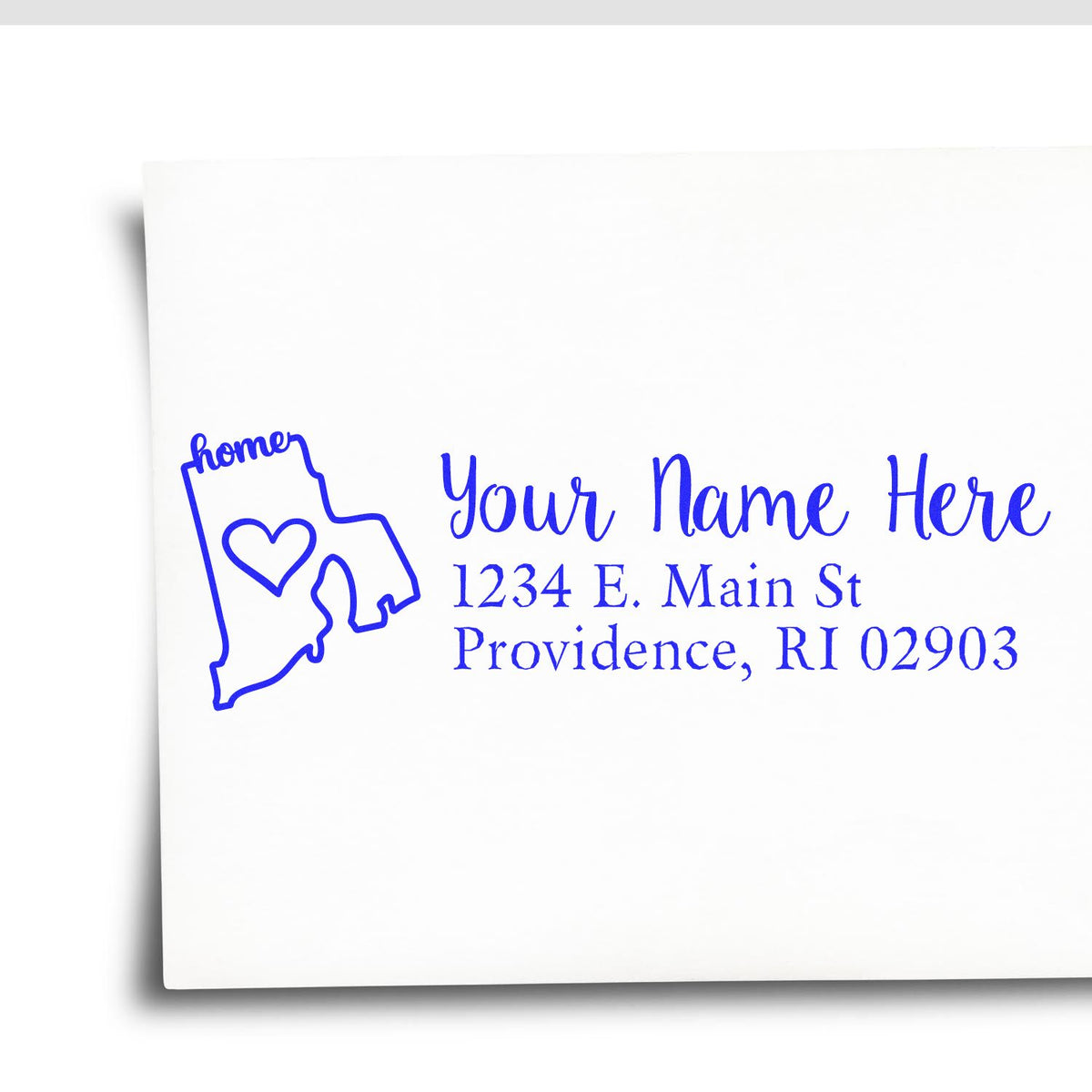 Custom Maine return address rubber stamp with heart and personalized name and address for mailing.
