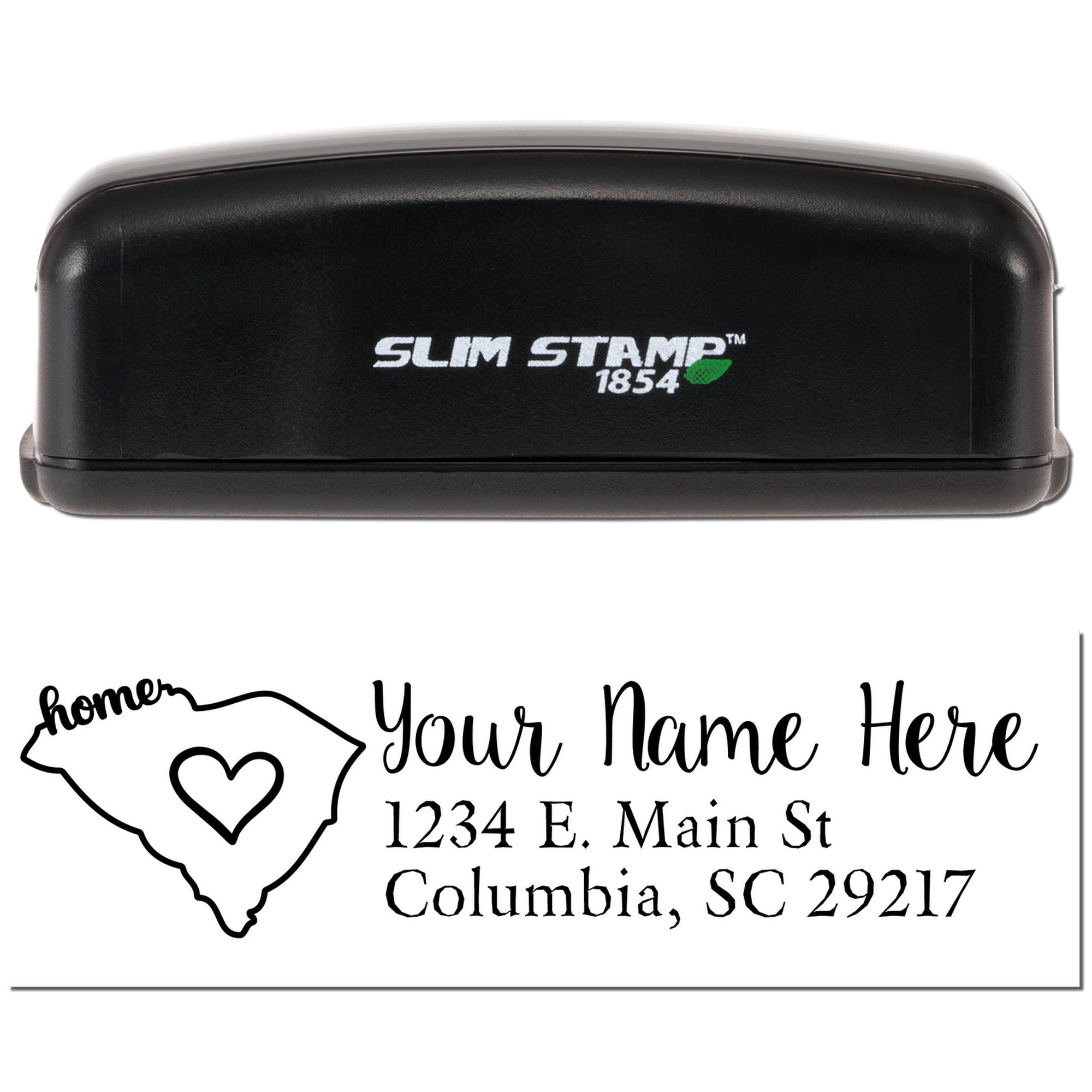 Custom self-inking rubber stamp for return addresses, featuring South Carolina home outline, name, and address.
