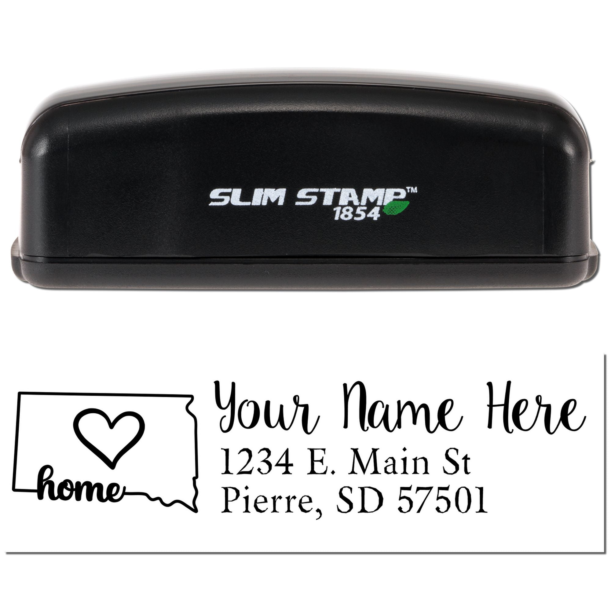 Slim Stamp 1854 custom home address rubber stamp with heart house icon, name, street, city, and ZIP for mailing.