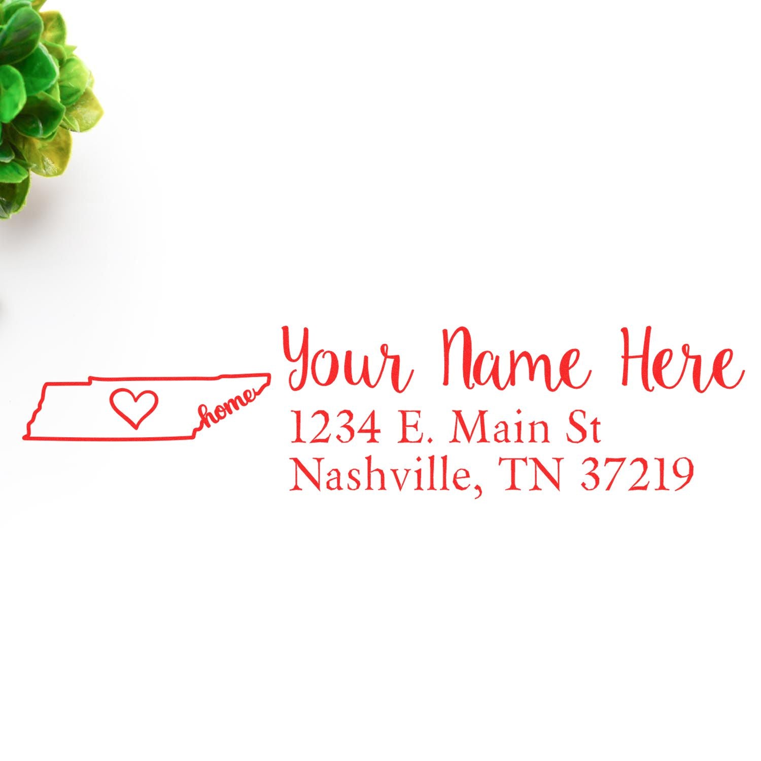 Custom Tennessee return address rubber stamp with heart icon, personalized name, and Nashville, TN address for mailing.
