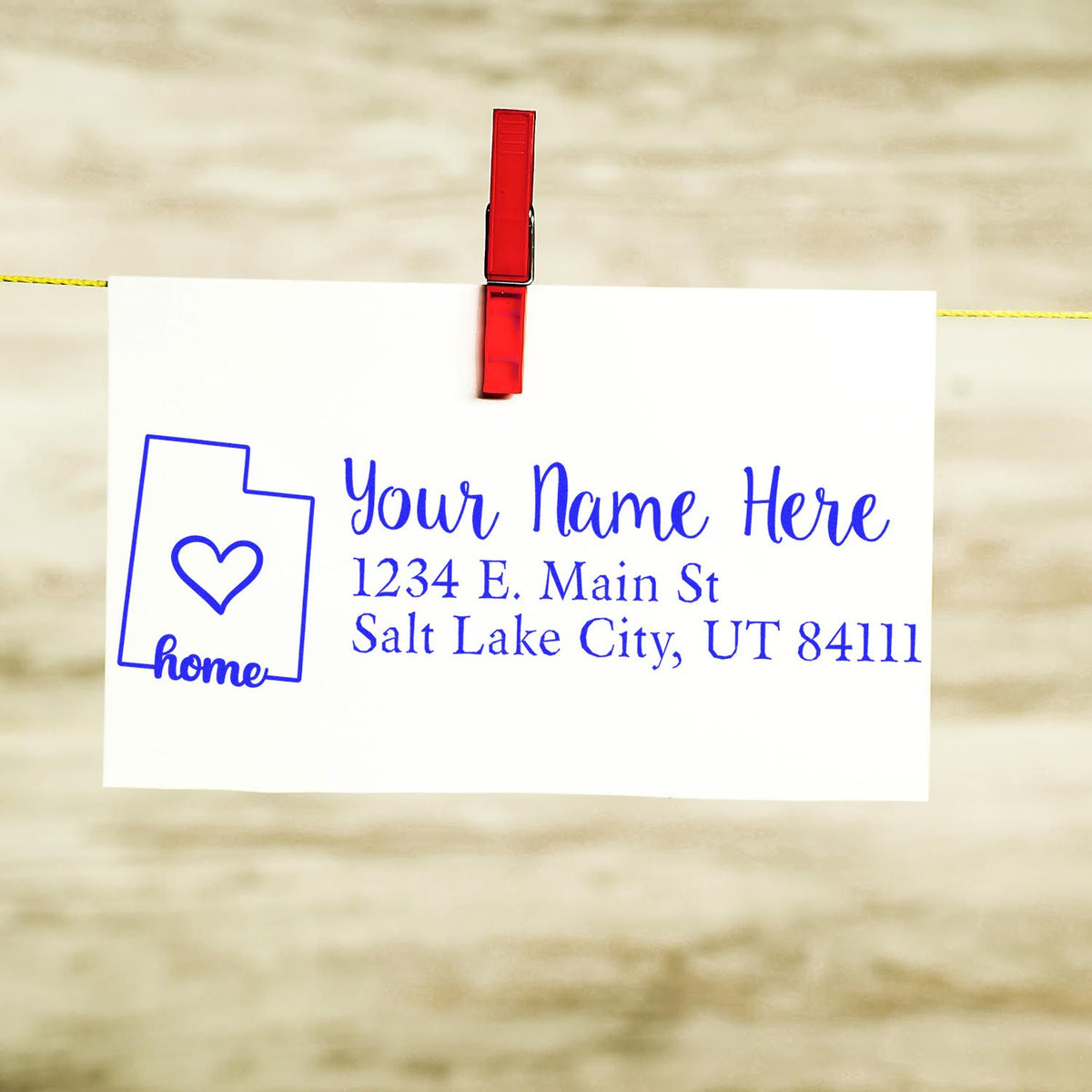 Personalized return address rubber stamp with home icon and custom name, Salt Lake City, UT.