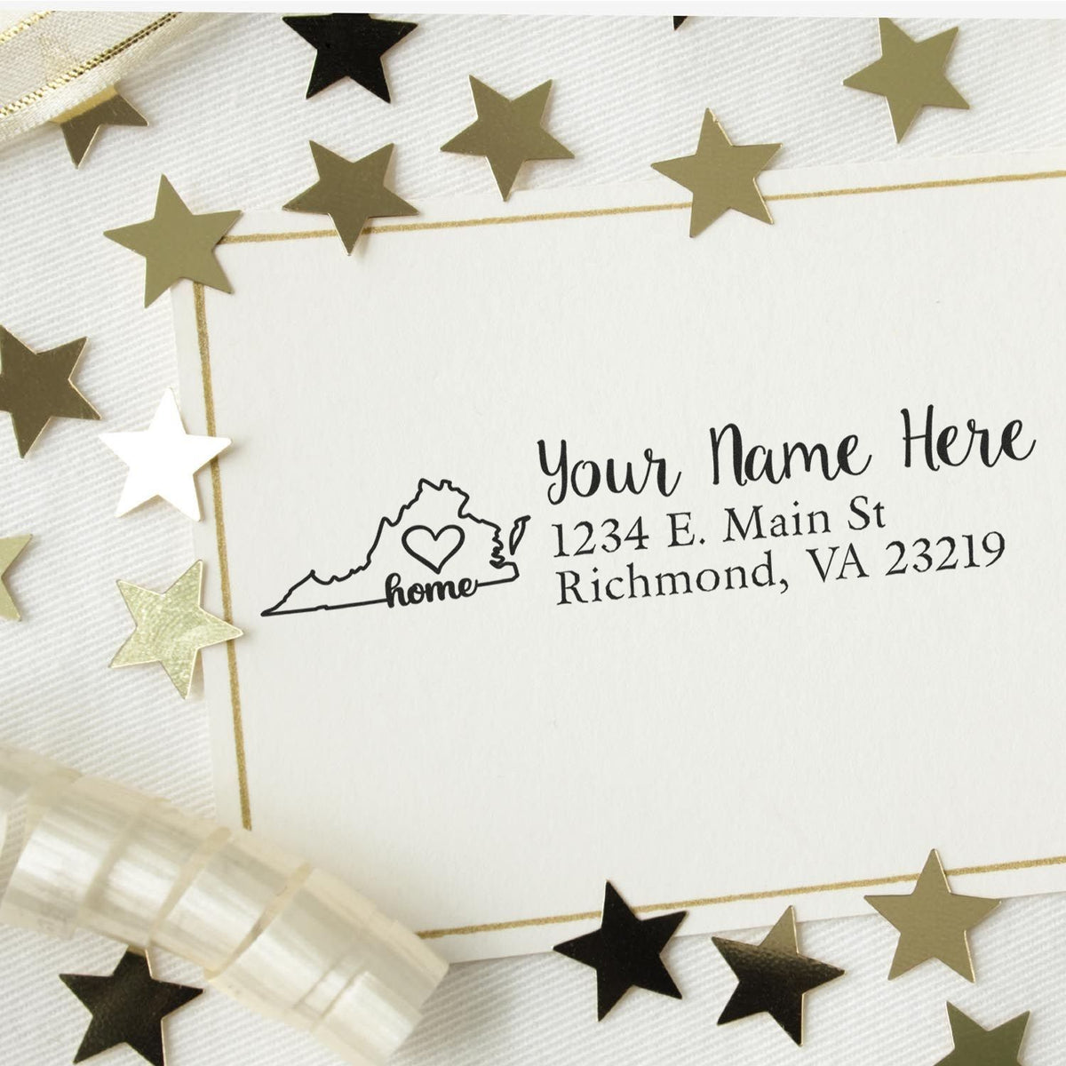 Custom return address rubber stamp with Virginia home heart design and personalized name and address for stationery.