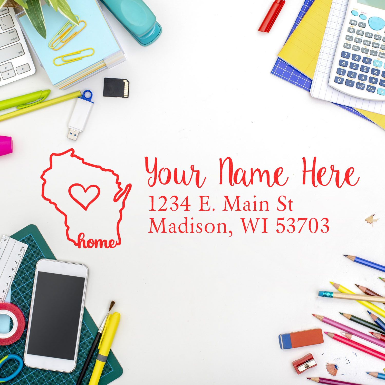 Custom rubber address stamp with Wisconsin home outline, personalized name, and mailing address for stationery or packaging.