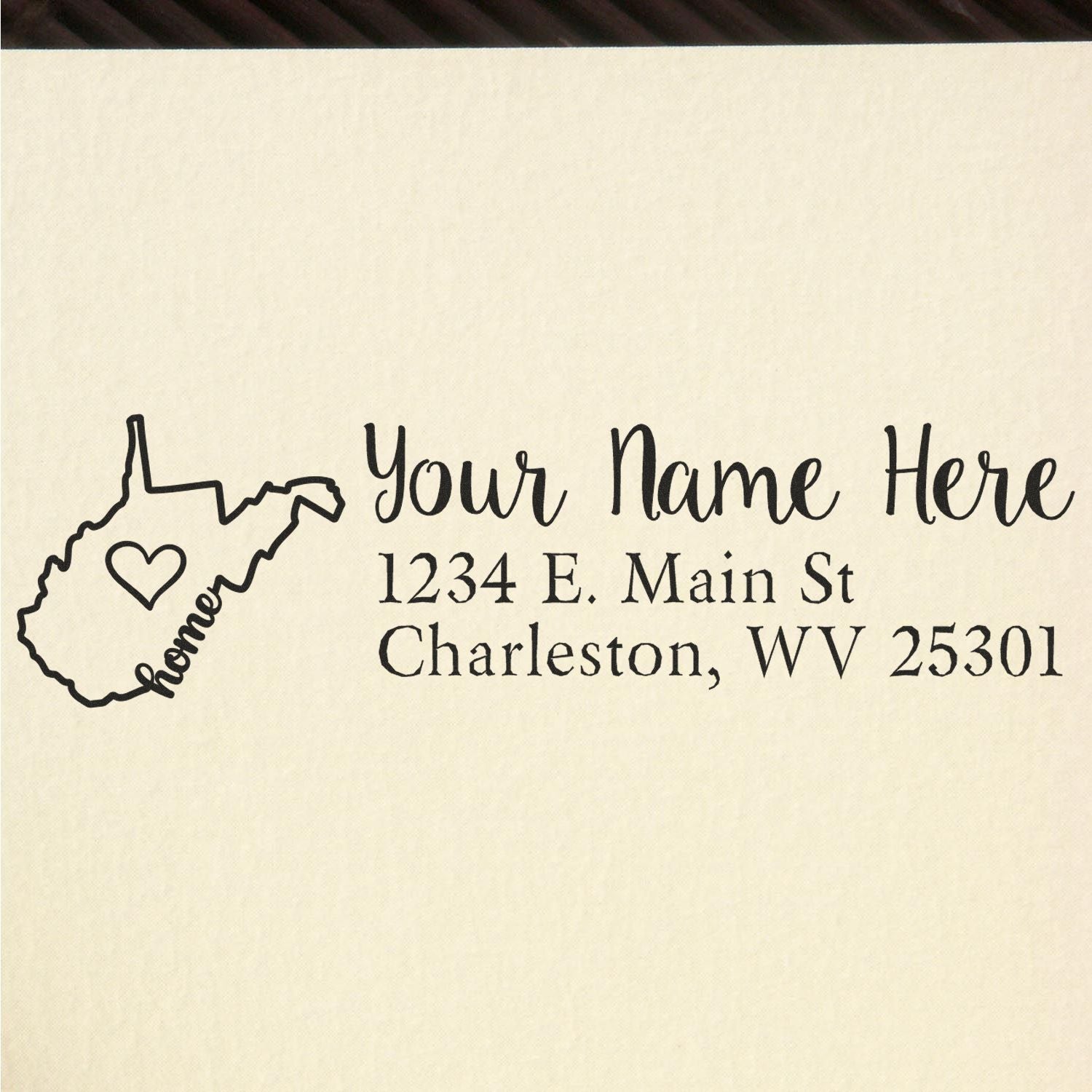 Custom return address rubber stamp with West Virginia outline, heart, and personalized Charleston, WV name and address.