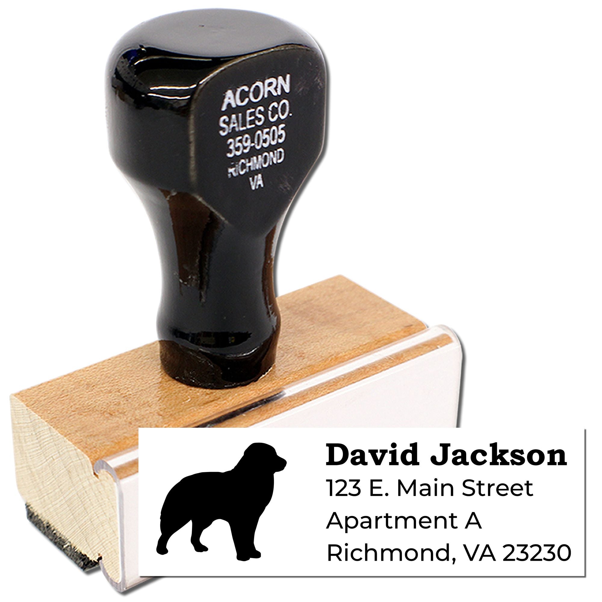 Custom dog return address rubber stamp with personalized name and mailing address for pet-loving households.