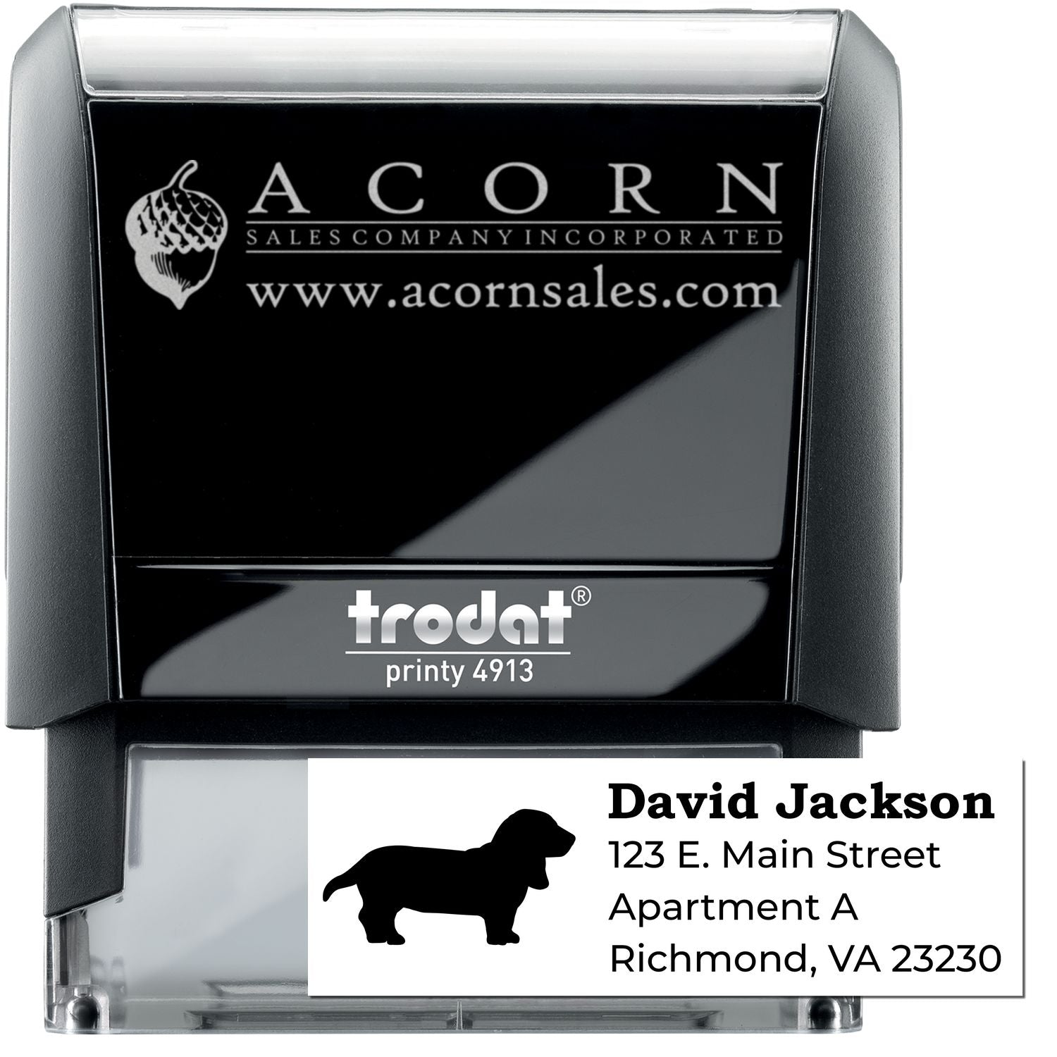 Trodat Printy 4913 custom self-inking rubber stamp with logo, name, and address for business mailing.