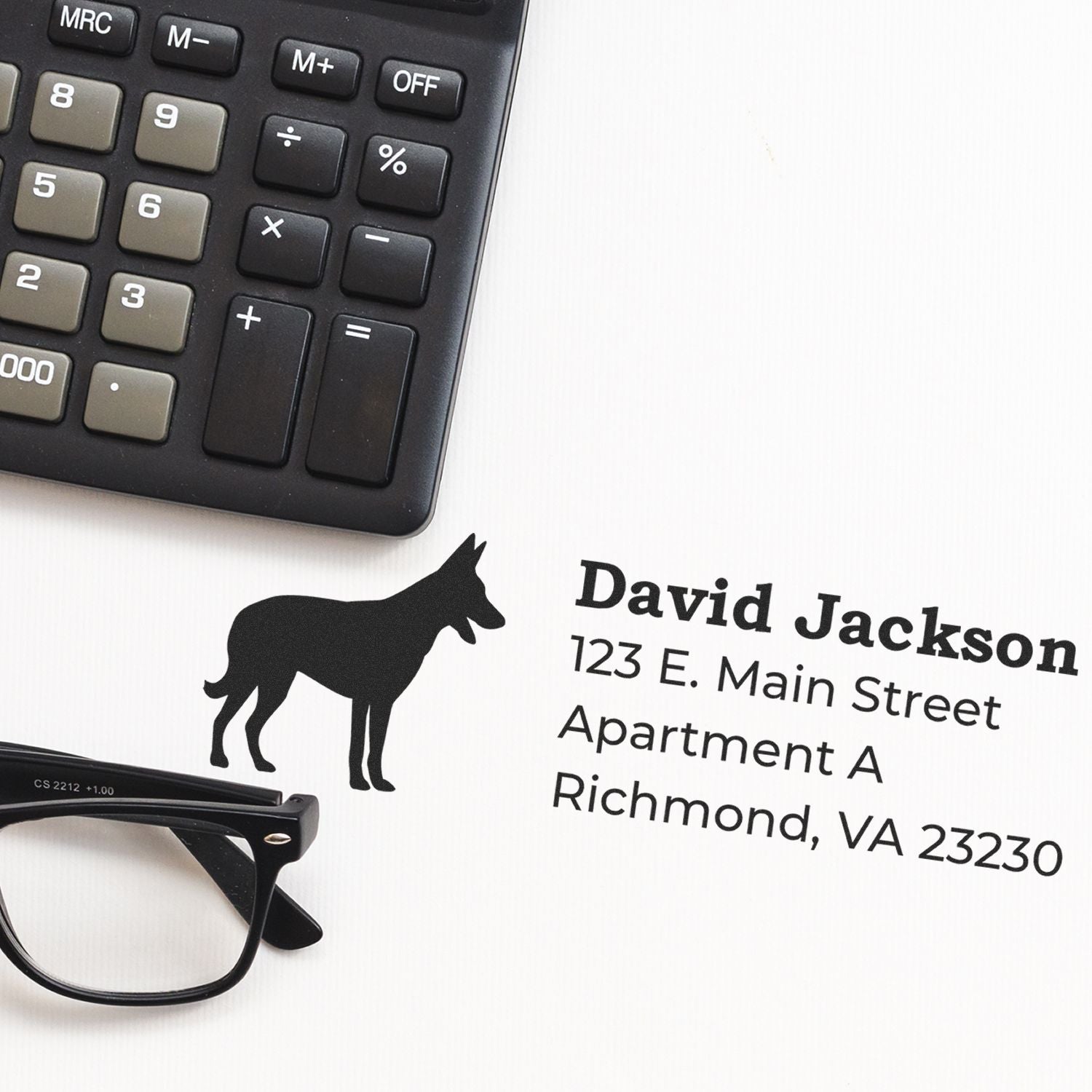 Personalized dog address rubber stamp with name and mailing address, perfect for pet lovers, business mail, and return envelopes.