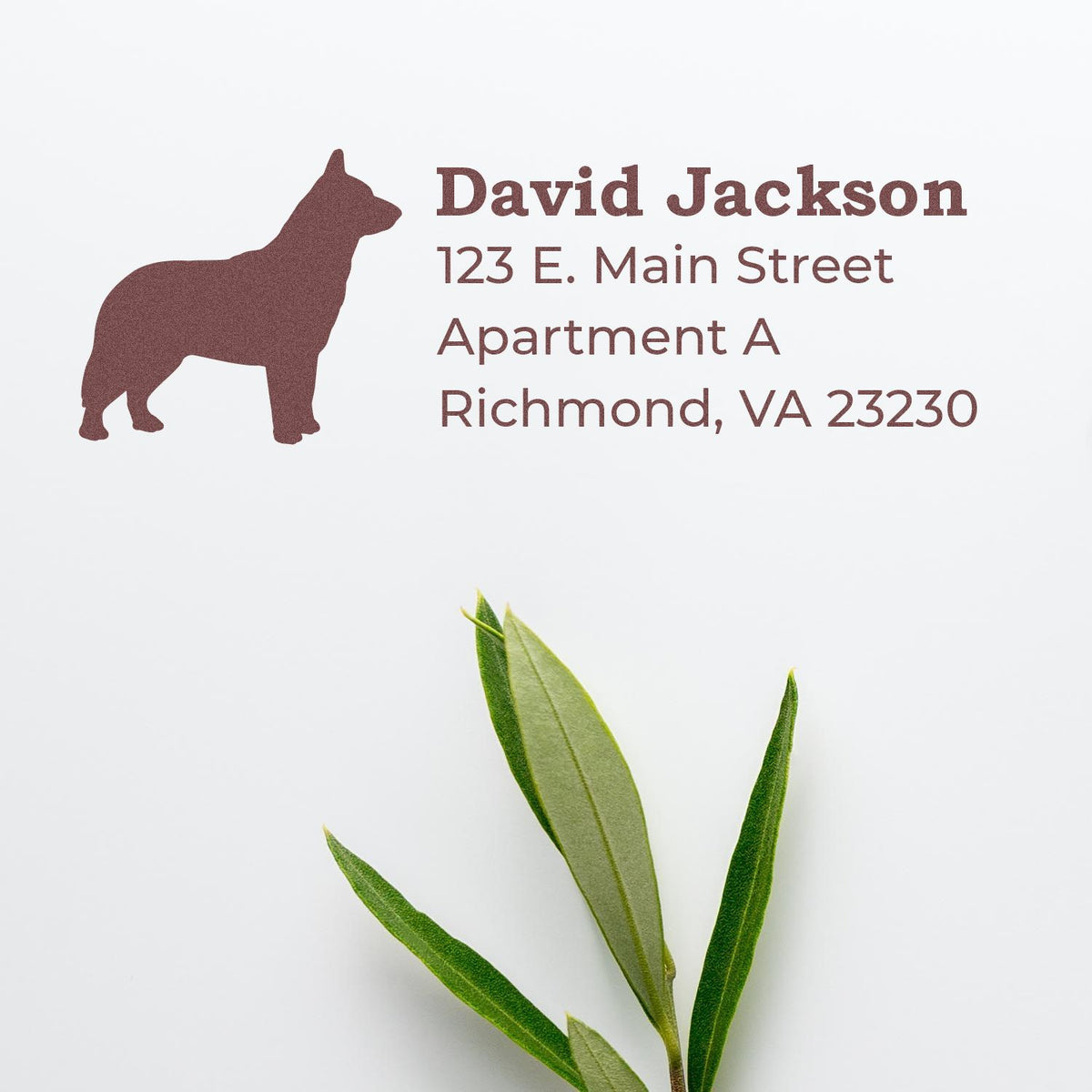 Custom dog silhouette address rubber stamp for David Jackson, 123 E. Main Street, Apartment A, Richmond, VA 23230