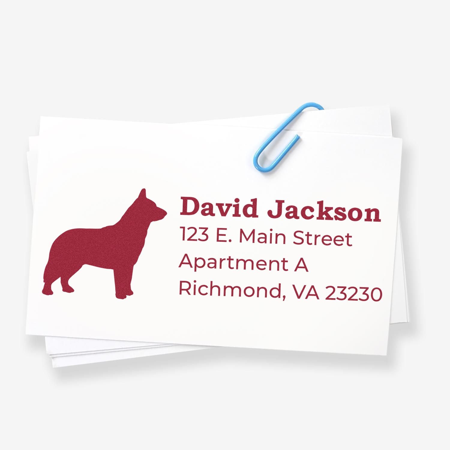 Personalized dog address rubber stamp with name, street address, and Richmond, VA return address for envelopes