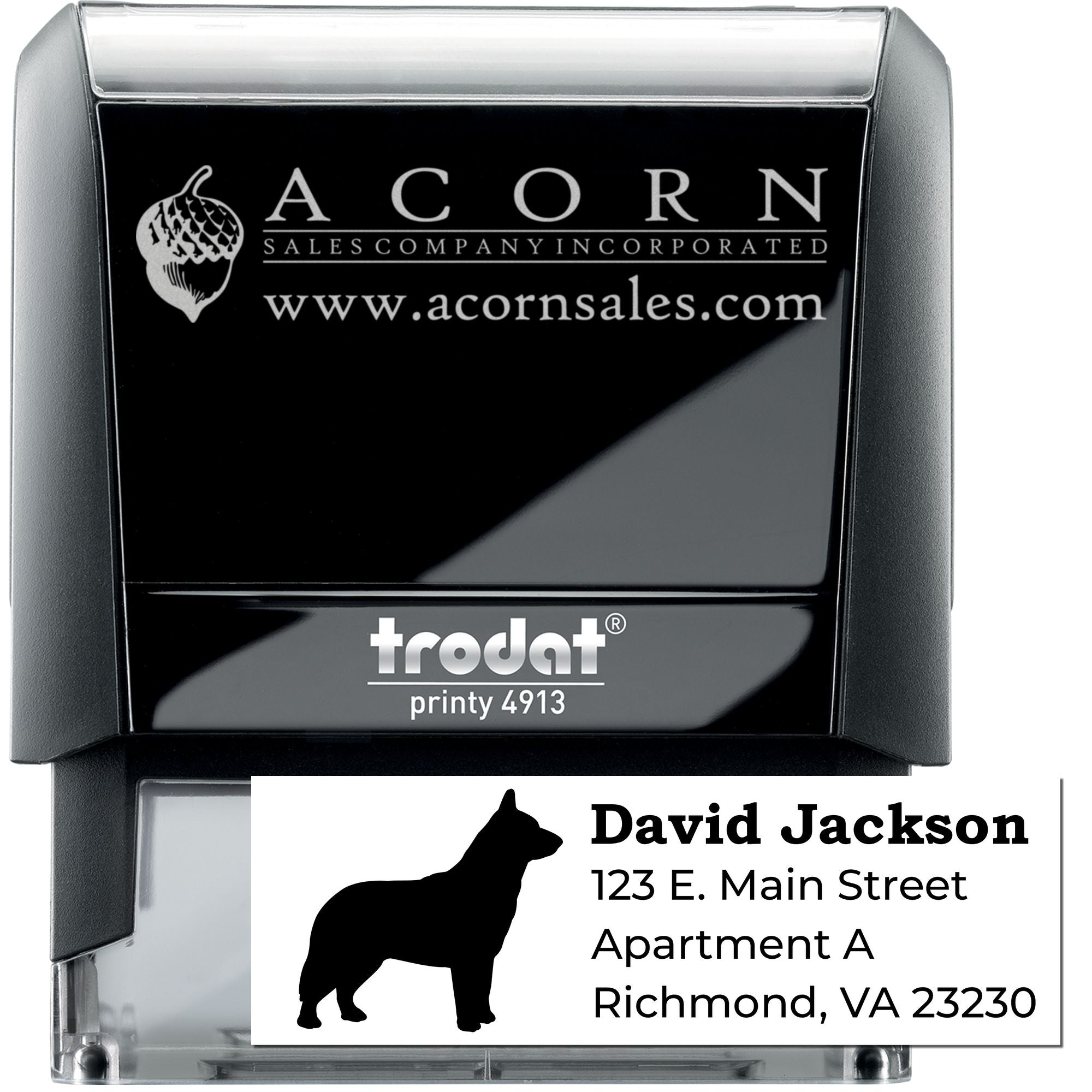 Custom self-inking rubber stamp with ACORN Sales Company logo and address imprint, ideal for business branding and mailing.