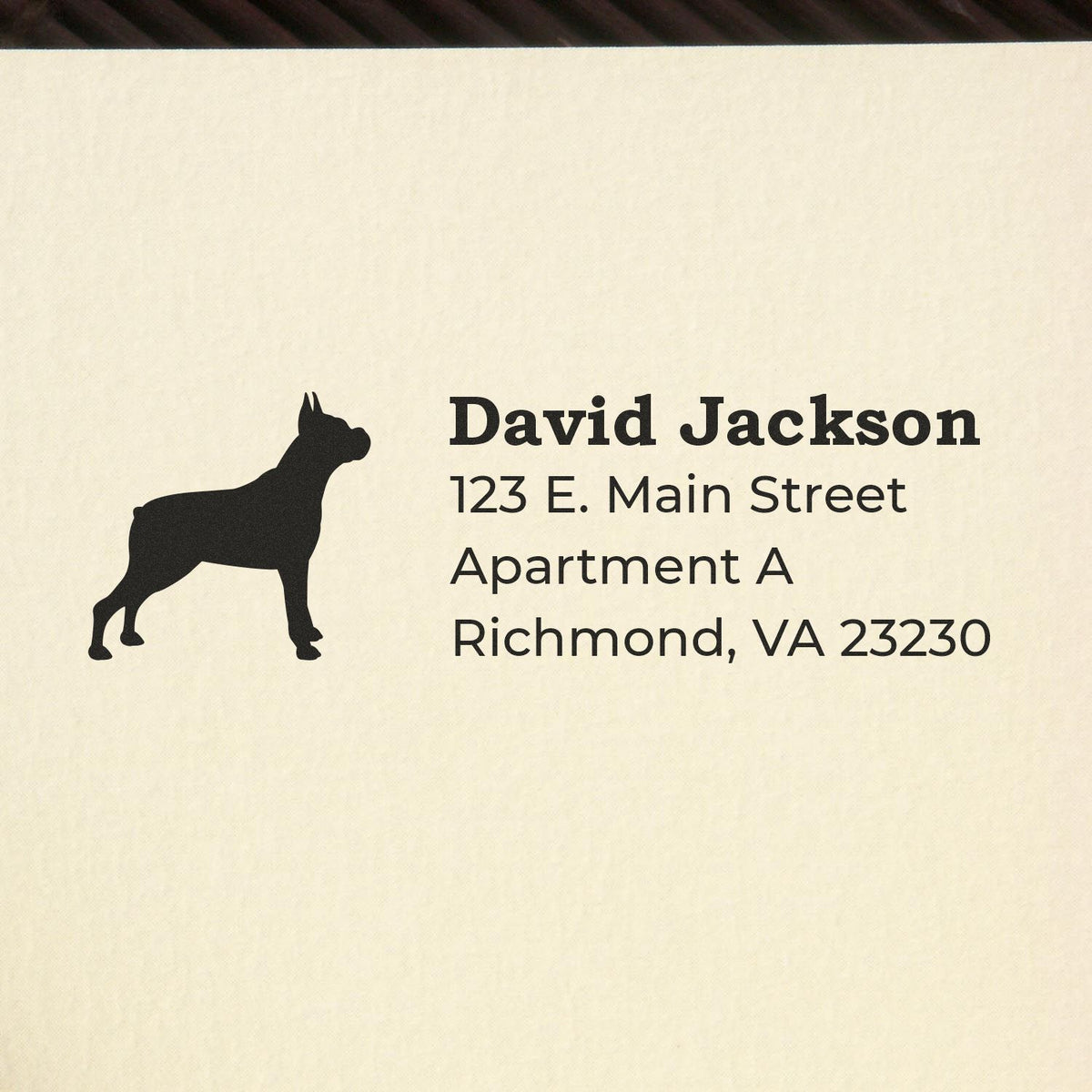 Personalized rubber address stamp with dog silhouette for David Jackson, Richmond, VA return address