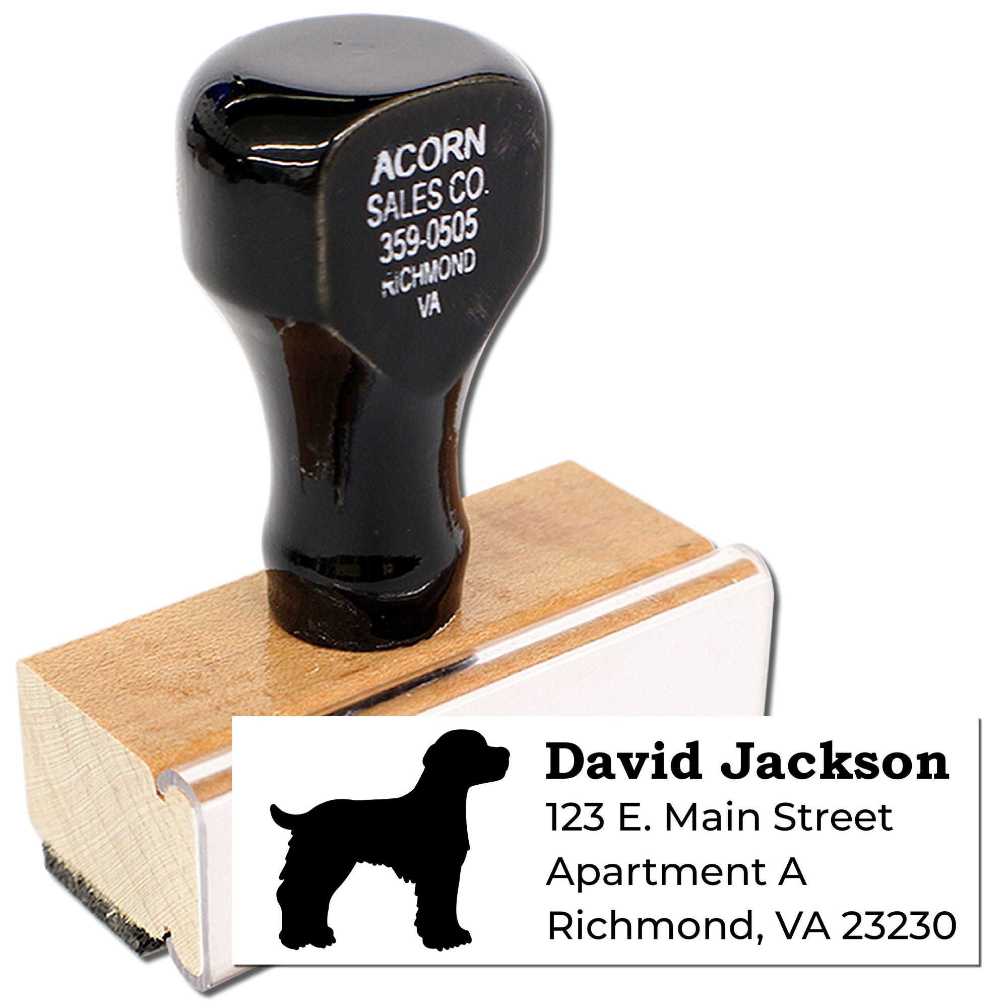 Personalized return address rubber stamp with dog silhouette, ideal for pet owner mailings and custom envelope labeling.
