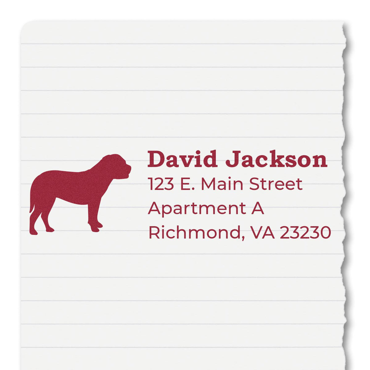 Personalized dog return address rubber stamp with name, street address, apartment number, and Richmond, VA ZIP code.
