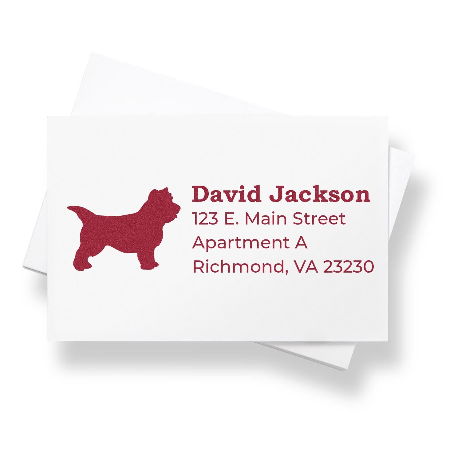 Custom dog address rubber stamp for mail, featuring name and Richmond, VA return address.
