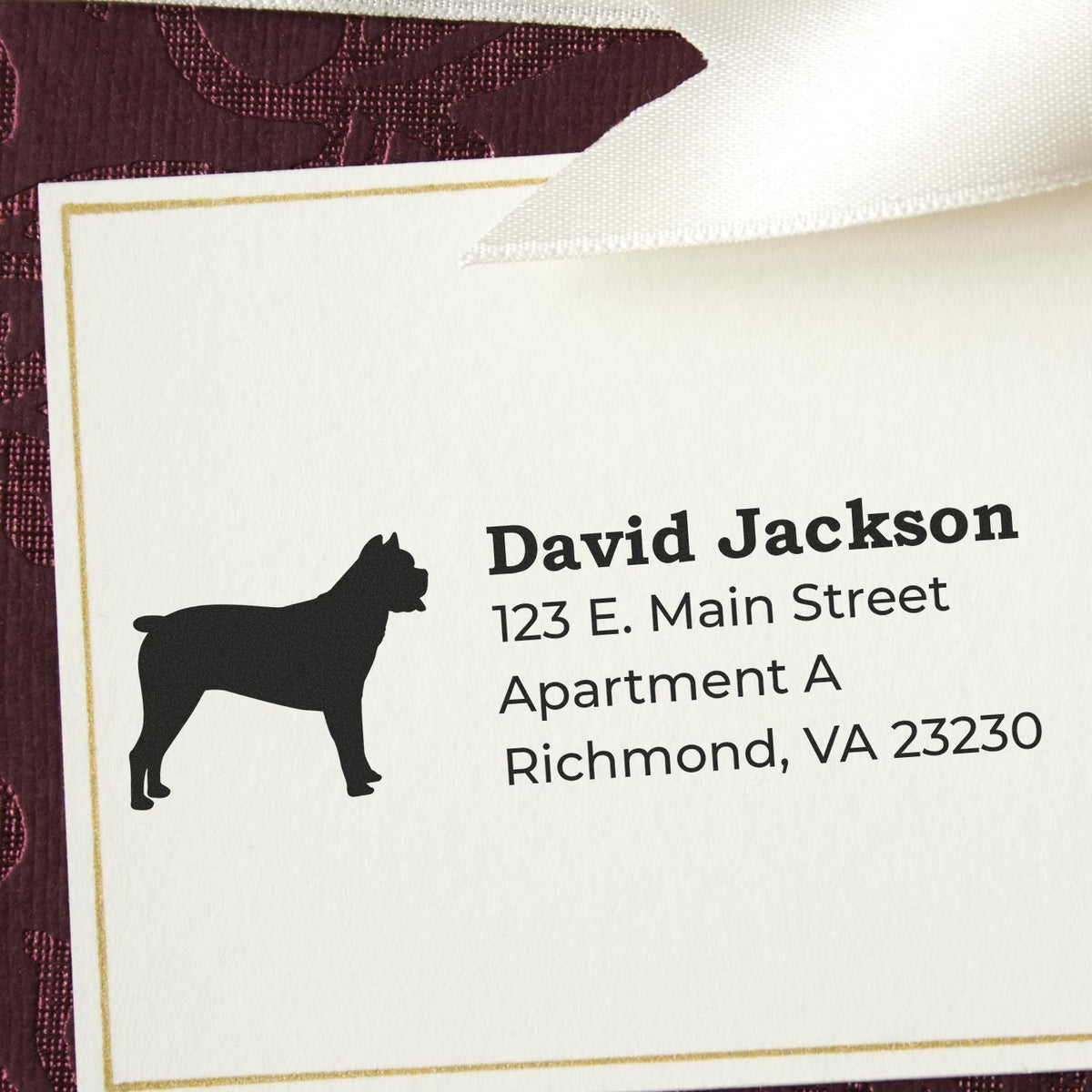 Personalized dog return address rubber stamp on envelope with Richmond, VA mailing address