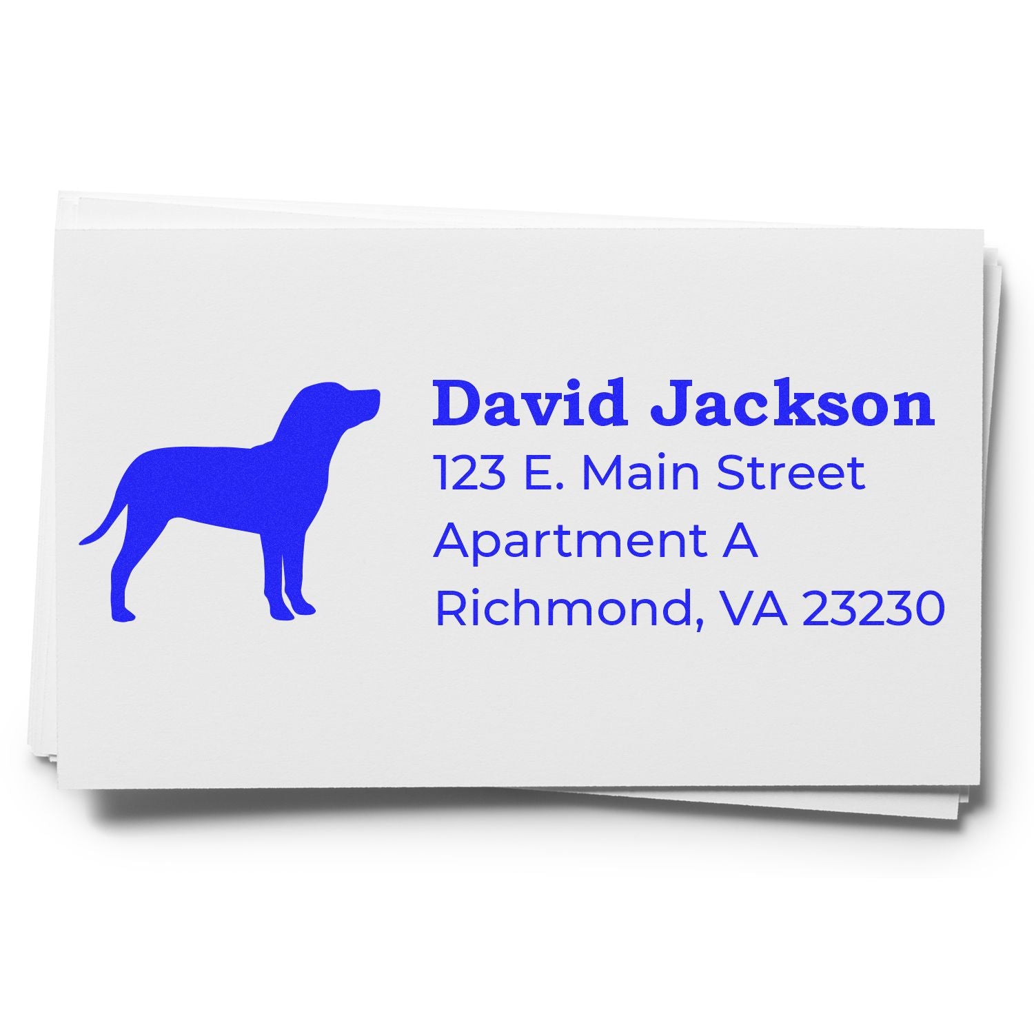 Personalized dog address rubber stamp with name, street address, and Richmond, VA ZIP code for mailing envelopes.