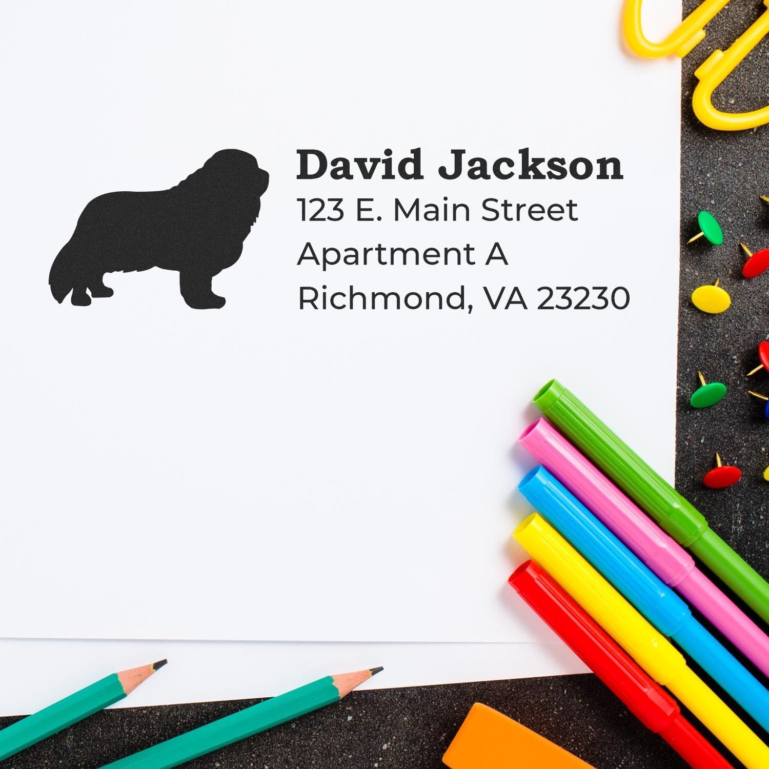 Personalized return address rubber stamp with dog silhouette, David Jackson, Richmond, VA 23230.