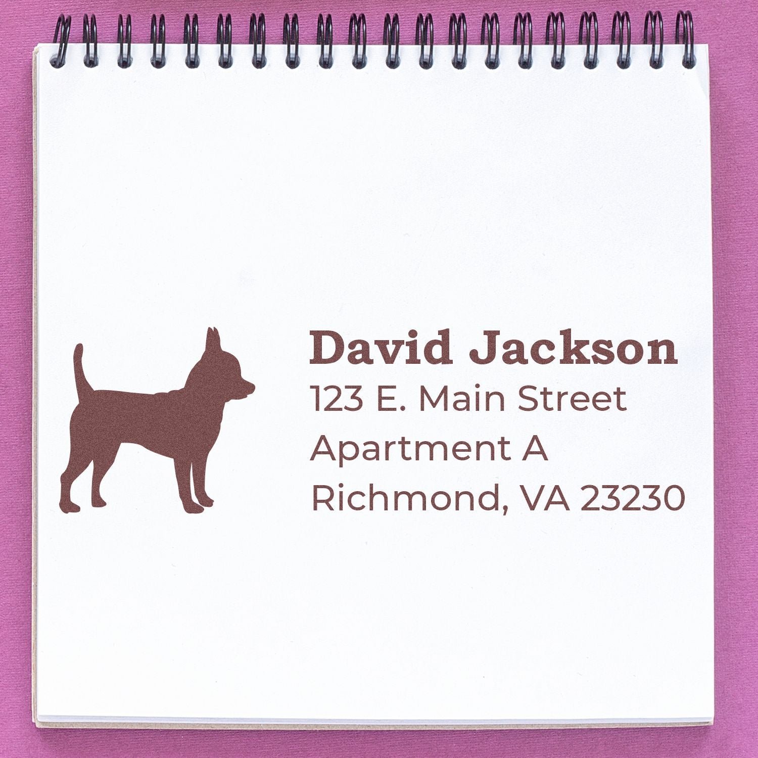 Personalized return address rubber stamp with dog silhouette, name, and Richmond, VA apartment address.