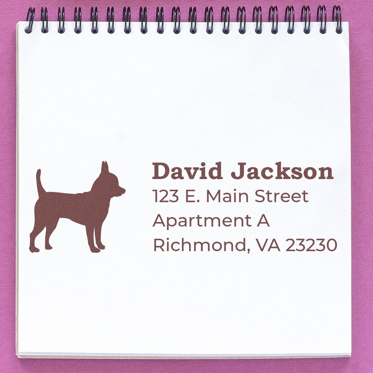 Custom dog return address rubber stamp with name and Richmond, VA apartment address for mailing labels.