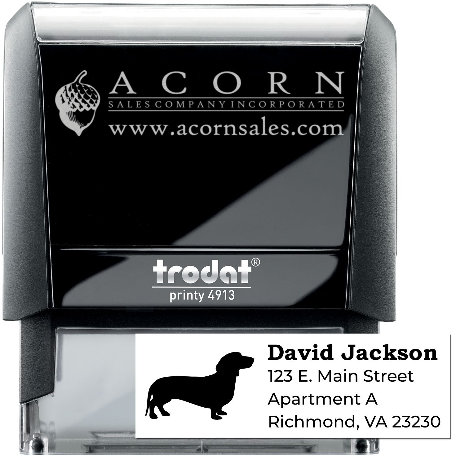 Custom self-inking rubber stamp for business branding and address labels, Trodat Printy 4913 with logo and return address.