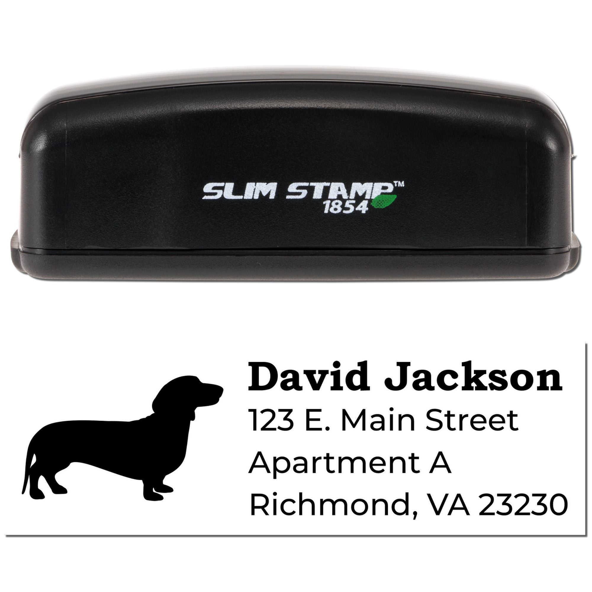 Slim Stamp 1854 custom address rubber stamp with dog silhouette, name, and mailing address for personalized envelopes.