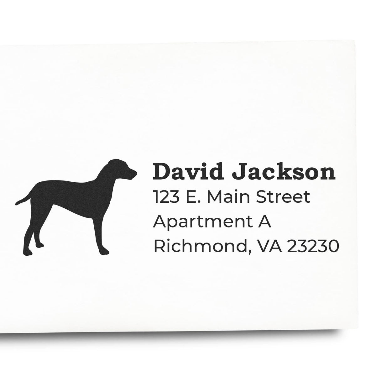 Personalized dog return address rubber stamp featuring David Jackson and Richmond, VA address.