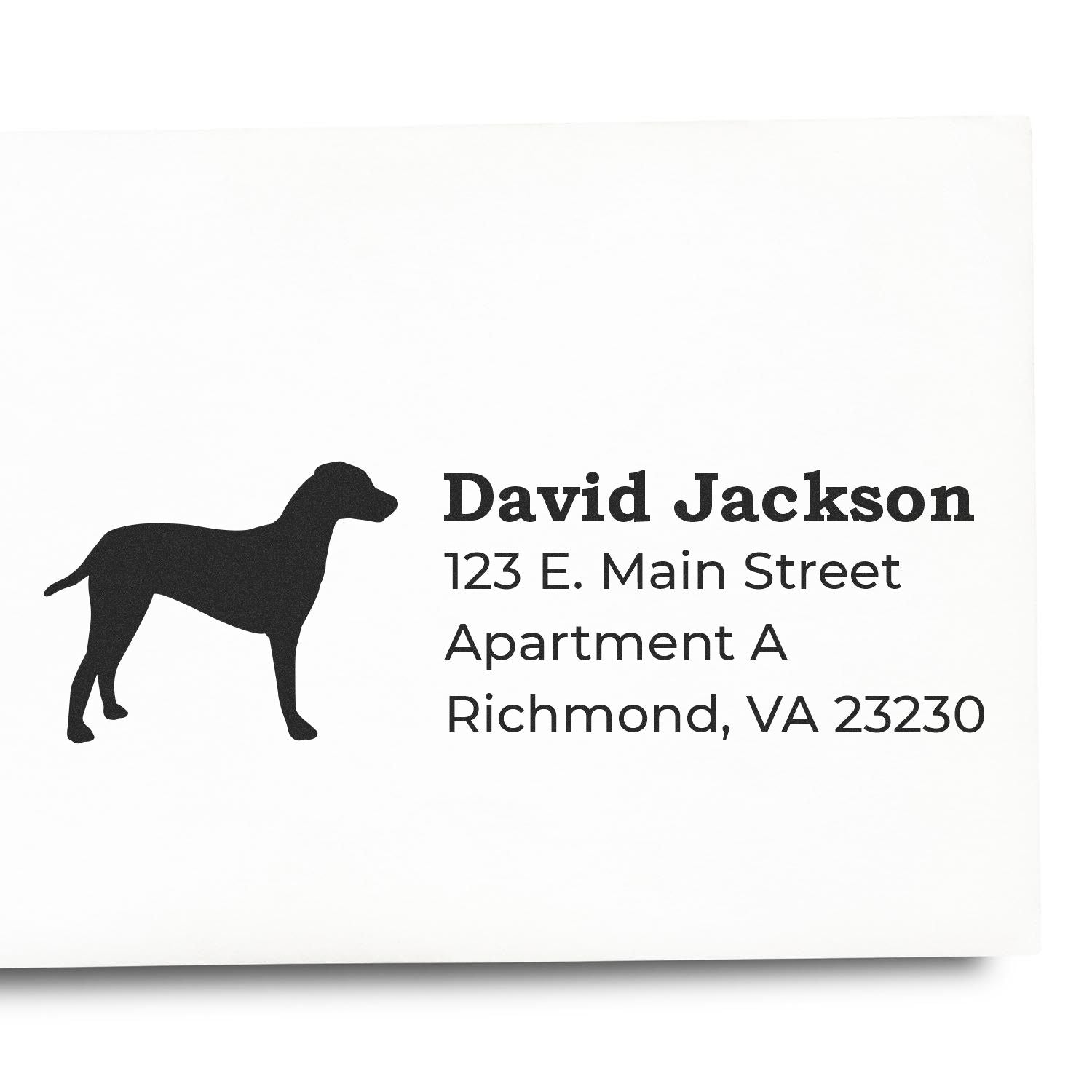 Custom dog address rubber stamp with name and Richmond, VA mailing address for personalized envelopes.