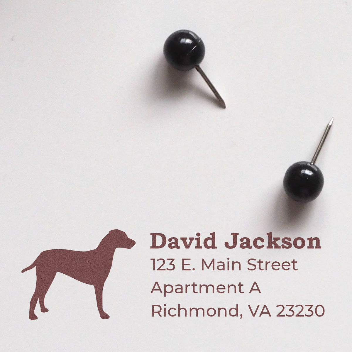 Custom dog return address rubber stamp with name and mailing address for personalized pet-themed stationery.