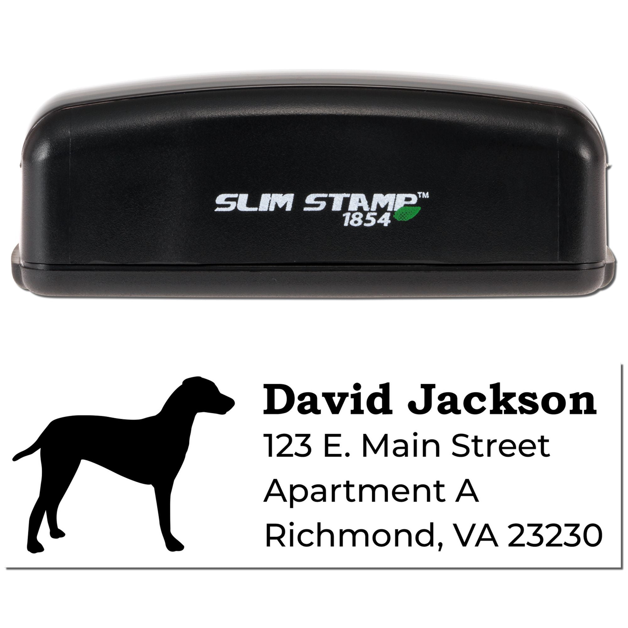 Custom self-inking rubber address stamp with dog silhouette and personalized return mailing address.