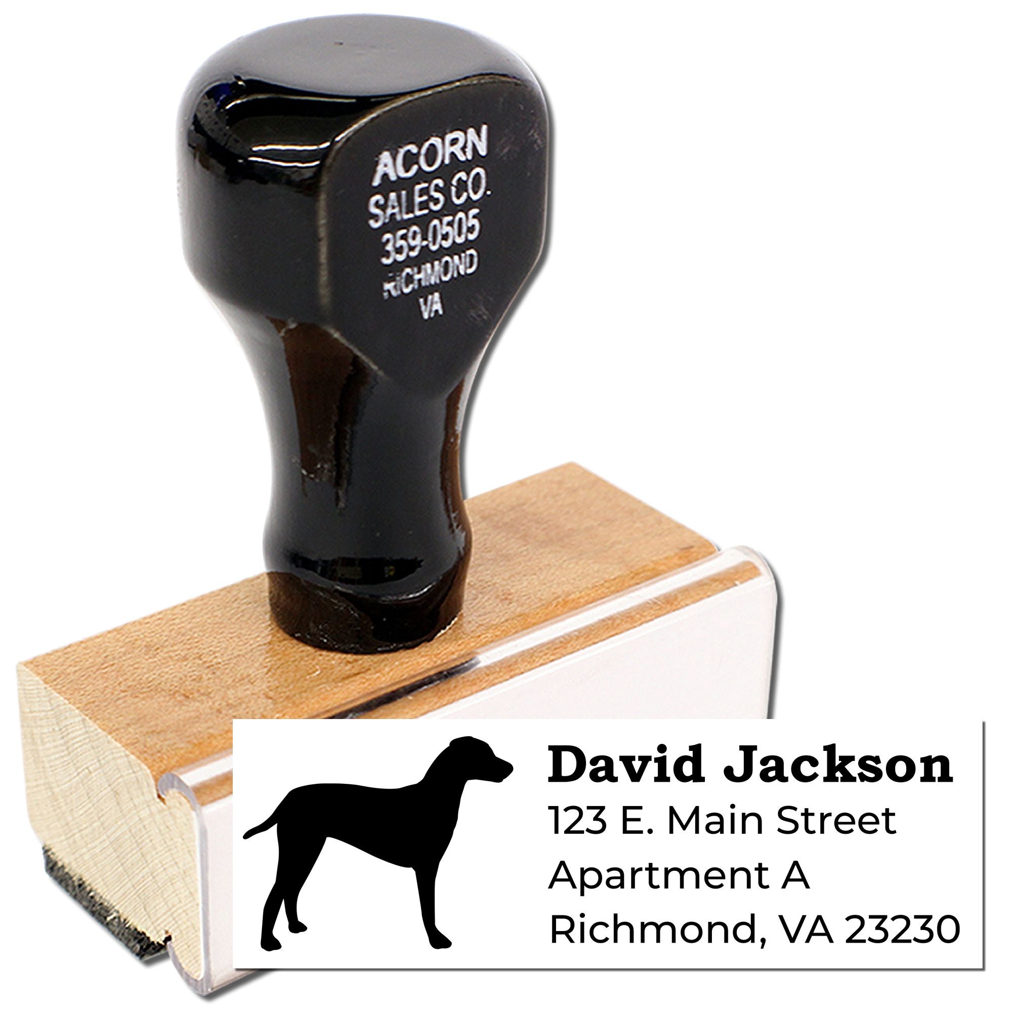 Custom dog address rubber stamp with self-inking handle, personalized mailing stamp for David Jackson in Richmond, VA.