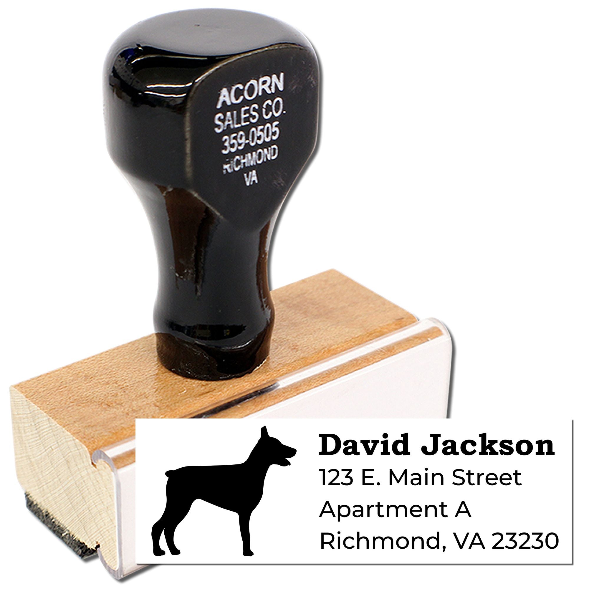 Custom dog address rubber stamp with name, street, apartment, and Richmond, VA return address for personalized mailing.